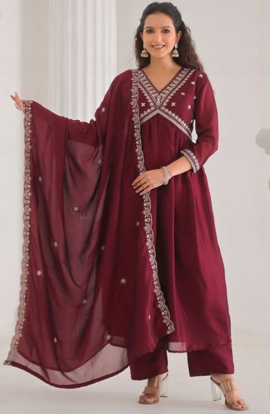 Maroon Silk Readymade Pant Kameez