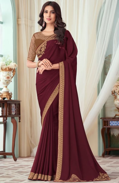 Maroon Silk Saree with Embroidered Blouse