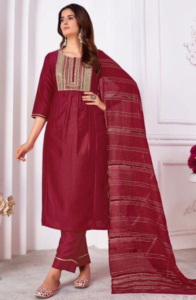 Maroon Silk Sequins Embroidered Pant Kameez Suit