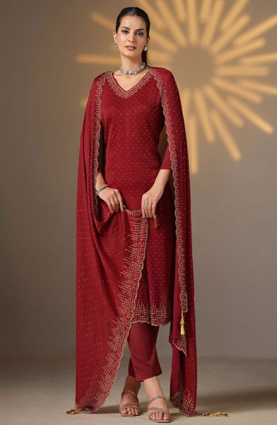 Maroon Swarovski Embellished Satin Chiffon Pant Kameez