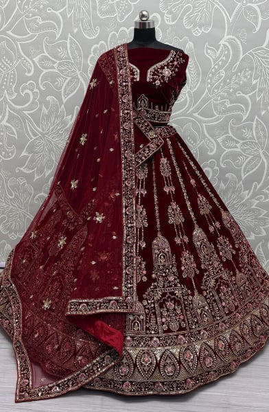 Maroon Velvet Bridal Lehenga Choli with Double Dupatta