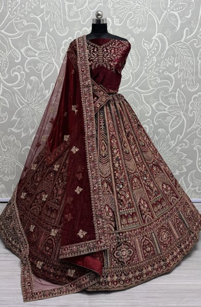 Maroon Velvet Bridal Lehenga Choli with Double Dupatta