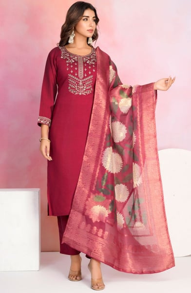 Maroon Viscose Chanderi Readymade Pant Kameez
