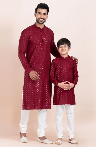 Maroon Viscose Rayon Father Son Kurta Set Combo