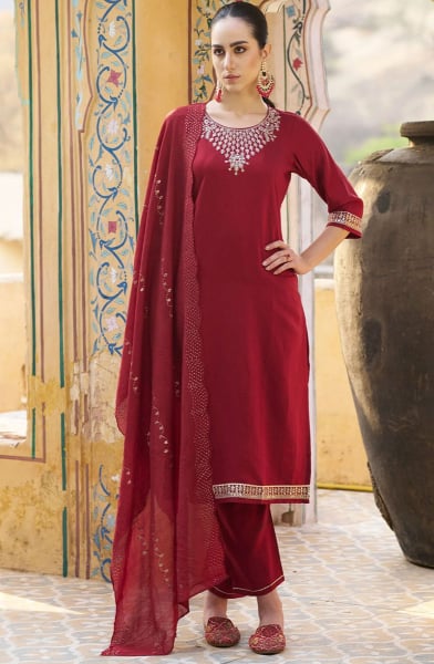 Maroon Viscose Rayon Readymade Pant Kameez