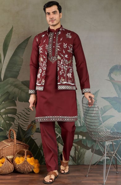 Maroon Viscose Silk Kurta Pyjama Set with Jacket