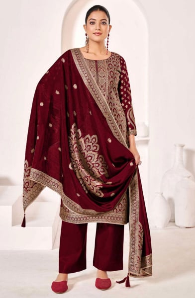Maroon Woven Pure Silk Pant Kameez