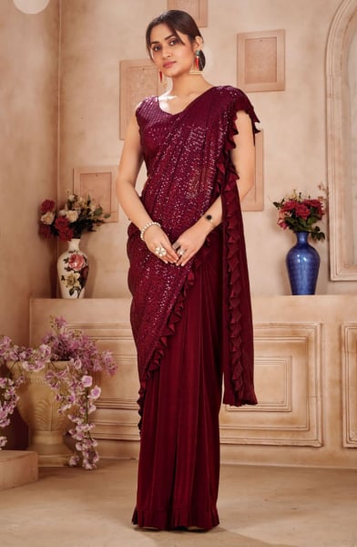 Maroon Zara Sequins work Party Wear Saree