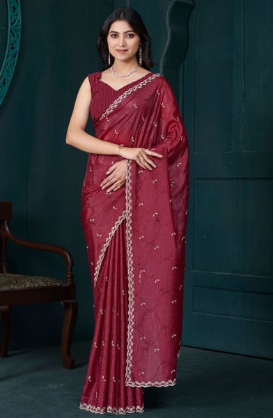 Maroon Zarkan Embellished Crepe Silk Saree