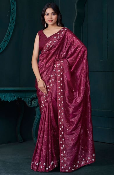 Maroon Zarkan Embellished Crepe Silk Saree