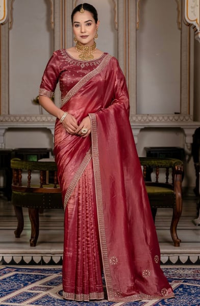 Maroon Zarkan Embellished Saree for Wedding