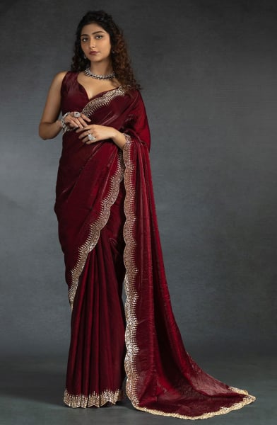 Maroon Zarkan Embellished Satin Silk Saree
