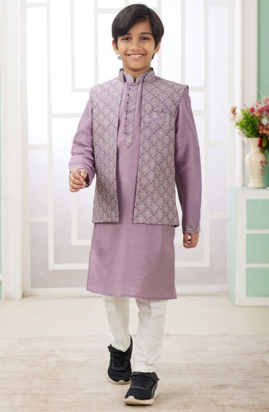 Mauve Art Silk Kids Kurta Set with Jacket