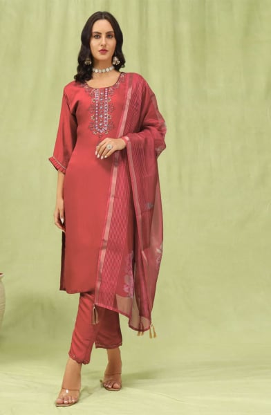 Mauve Art Silk Readymade Pant Kameez Suit
