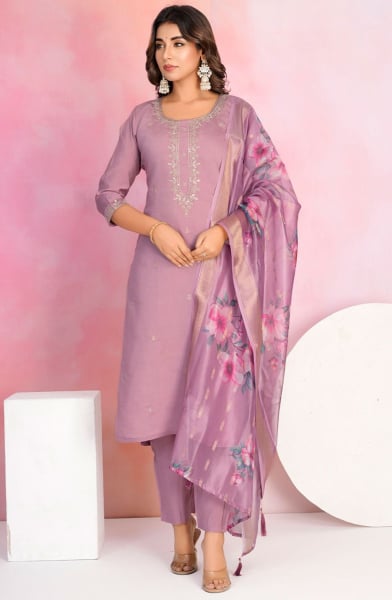 Mauve Chanderi Readymade Pant Kameez