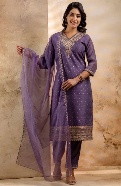 Mauve Chanderi Silk Readymade Pant Kameez