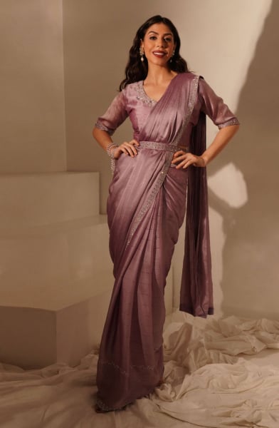 Mauve Chinnon Silk Stone Work Party Wear Saree