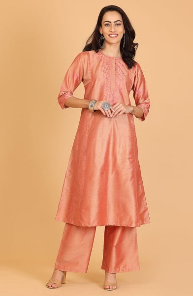 Mauve Cotton Silk Readymade Kurta with Bottom