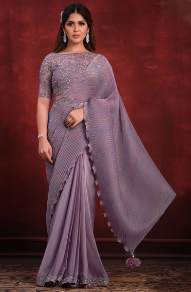 Mauve Crepe Satin Silk Designer Saree