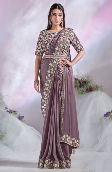 Mauve Crepe Satin Silk Ready to Wear Designer Saree