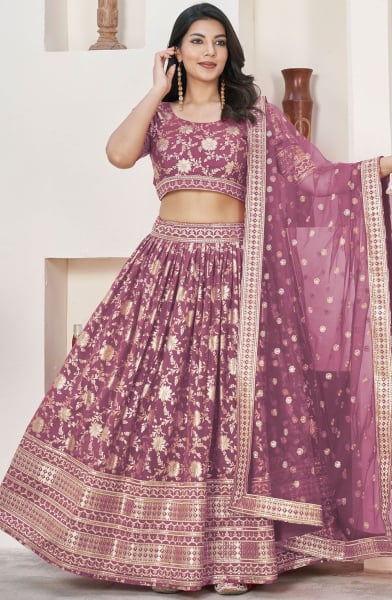 Mauve Dola Jacquard Lehenga Choli with Net Dupatta