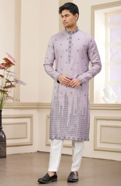 Mauve Embroidered Art Silk Kurta Set