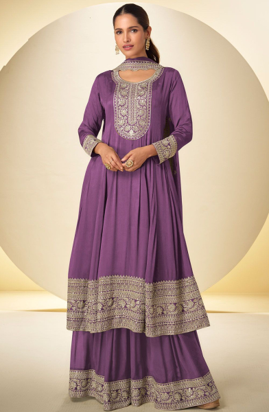 Mauve Embroidered Chinnon Palazzo Kameez