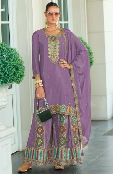 Mauve Embroidered Chinnon Silk Palazzo Kameez