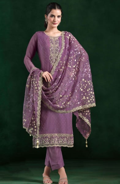 Mauve Embroidered Crinkle Chiffon Pant Kameez
