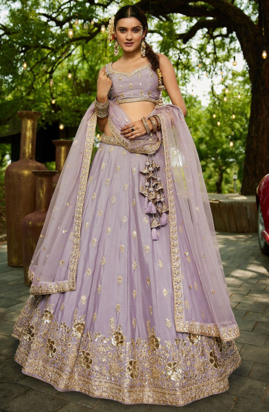 Mauve Embroidered Faux Chiffon Designer Lehenga Choli