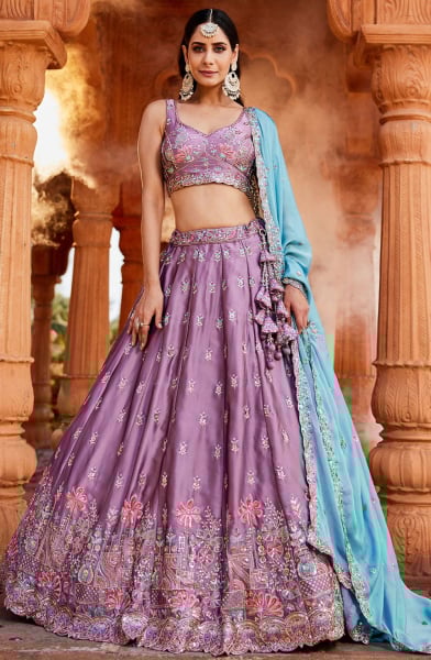 Mauve Embroidered Faux Georgette Designer Lehenga Choli