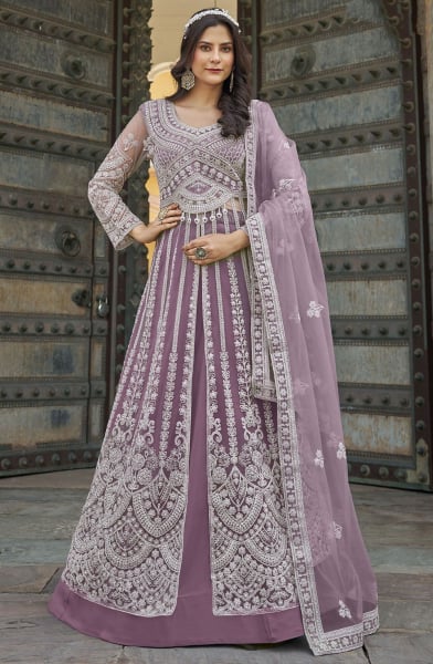 Mauve Embroidered Lehenga Pant Kameez