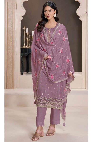 Mauve Embroidered Moonga Silk Pant Kameez