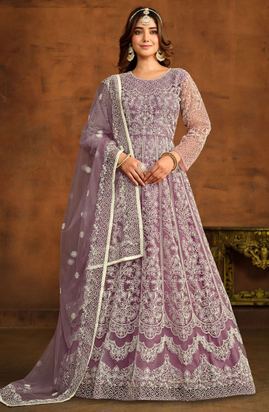 Mauve Embroidered Net Anarkali Dress