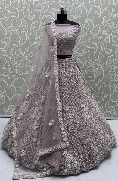 Mauve Embroidered Net Bridal Lehenga Choli