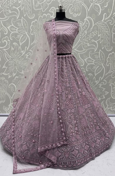 Mauve Embroidered Net Bridal Lehenga Choli