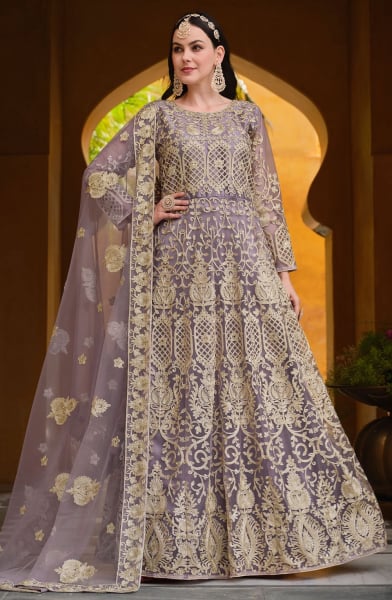 Mauve Embroidered Net Designer Anarkali Suit