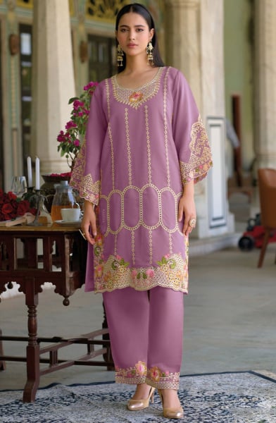 Mauve Embroidered Roman Silk Co-Ord Set