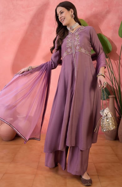 Mauve Embroidered Roman Silk Palazzo Kameez