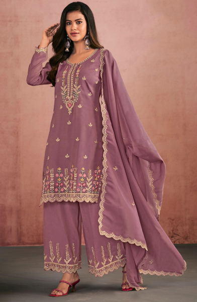 Mauve Embroidered Shimmer Silk Palazzo Kameez