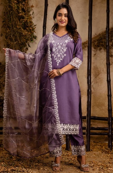 Mauve Embroidered Silk Blend Readymade Suit