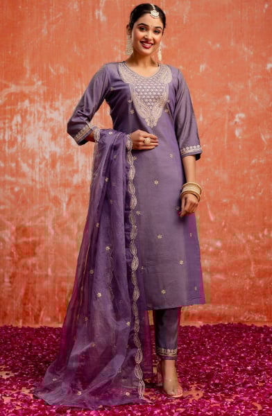 Mauve Embroidered Silk Blend Readymade Suit