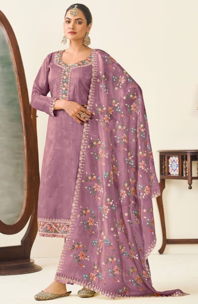 Mauve Embroidered Silk Pant Kameez