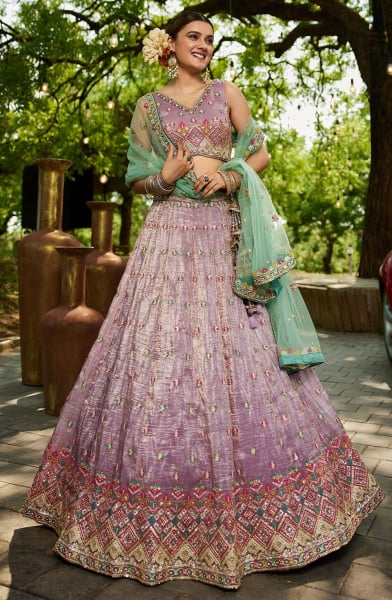 Mauve Embroidered Tissue Designer Lehenga Choli