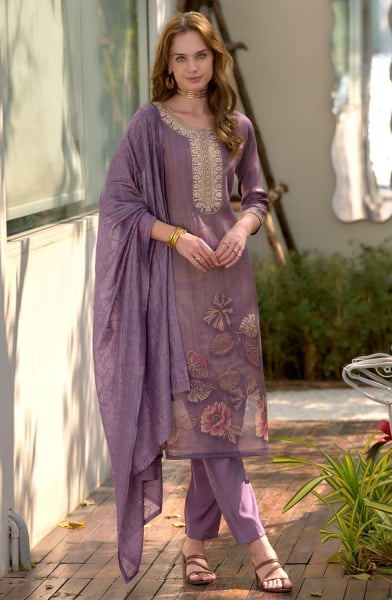 Mauve Embroidered Tissue Readymade Pant Kameez