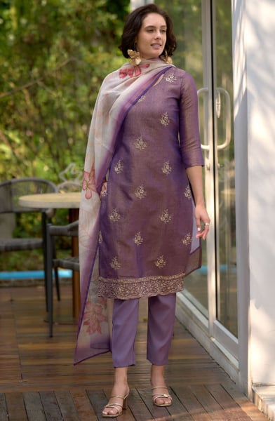 Mauve Embroidered Tissue Readymade Pant Kameez