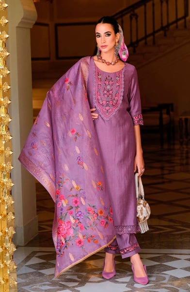 Mauve Embroidered Viscose Readymade Suit
