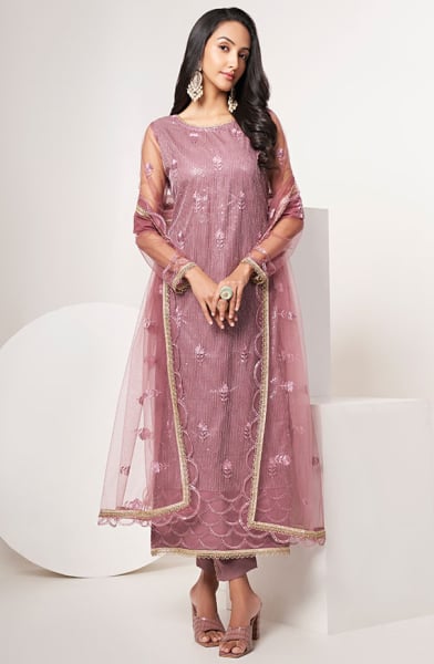 Mauve Heavy Net Pant Kameez Suit