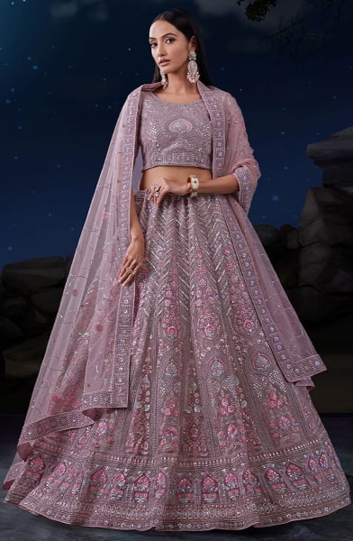 Mauve Net Heavy Sequins Embroidered Lehenga Choli Set