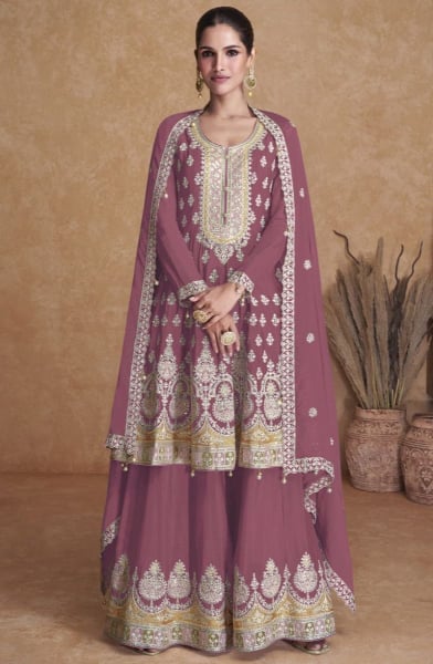 Mauve Pink Embroidered Georgette Palazzo Kameez for Ceremonial